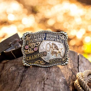 A custom rodeo belt buckle trophy for SWD 4H Rodeo Tie Down Grand Champion featuring a calf roping cowboy figure 